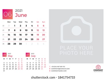 Calendar for June 2021. Vector design print template with place for photo. Week starts on Monday. 3 months on page