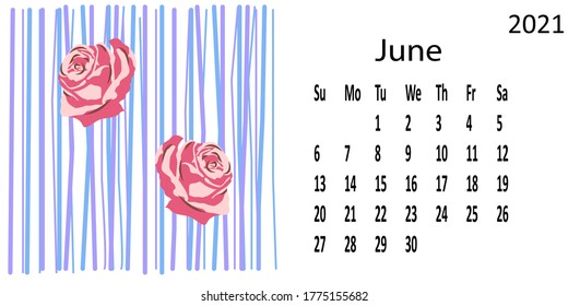 Calendar for June 2021, the week begins on Sunday. Stylish image for the background. Vector illustration