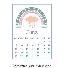 Calendar for June 2022, color vector illustration in boho style pastel colors