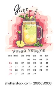 Calendar June 2022. Glass with lemonade, mint and lemon. For print on demand, magazines and newspapers, book covers.