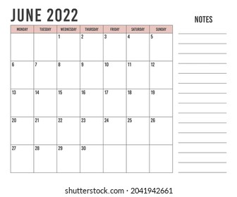 Calendar June 2022 with simple landscape design