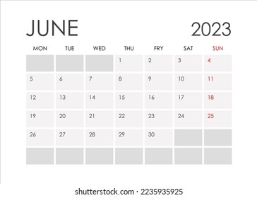 Kalender für Juni 2023 im minimalistischen Stil.Ab Montag.