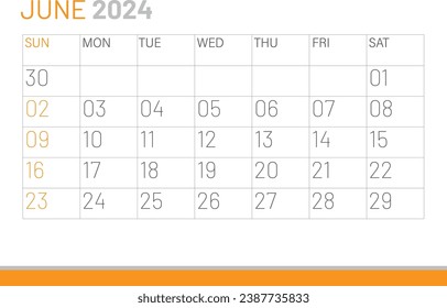 Calendar June 2024, corporate design template vector. Desk calendar 2024