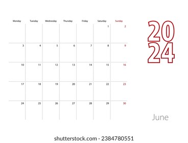 Calendar for June 2024 in modern design, planner template. Vector calendar 2024.