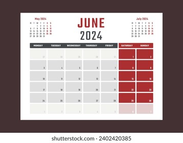 calendar for june 2024 starts monday, vector calendar design june 2024 year