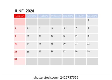 Calendario para junio de 2024. La semana comienza el domingo
