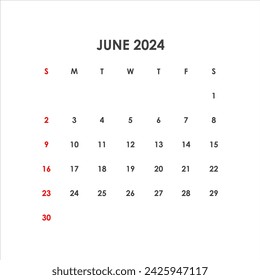 Calendar for June 2024. The week starts on Sunday