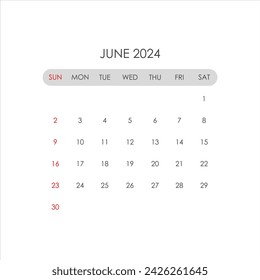 Calendar for June 2024. The week starts on Sunday
