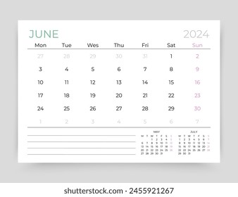 Calendar for June 2024 year. Planner calender template. Week starts Monday. Monthly organizer. Desk corporate diary. Timetable layout. Table schedule grid. Vector simple illustration. Paper size A5