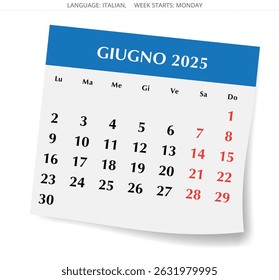 Calendário para junho de 2025 - Giugno. Itália, italiano. Ilustração vetorial em forma de página de papel com sombra