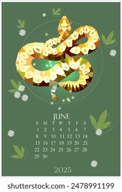 Calendar for June 2025 Polygonal snake in summer on a green background. Business poster, planning the days of the week and month. Wall Calendar for print
