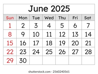 Calendar for june 2025. Simple vector illustration. English page of the summer month