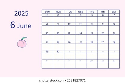 Calendar for June 2025 starting on Sunday