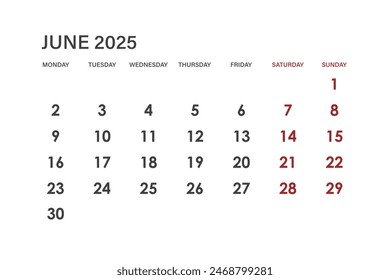 Calendar for June 2025. The week starts on Monday