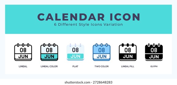 Calendar june icon set with different styles. Vector illustration.