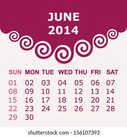 Calendar of June with spiral design - vector illustration