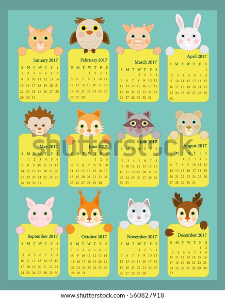 Calendar Kids Animal Calendar 17 12 Stock Vector Royalty Free