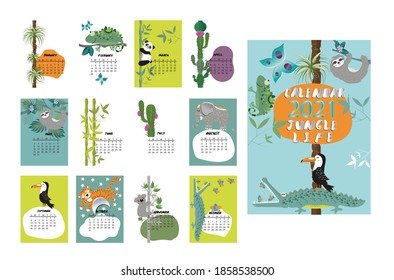 Calendar for kids life in the jungle. Calendar for 2021. Vector illustration.