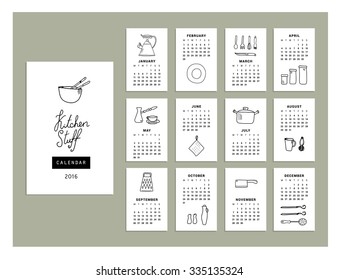 Calendar kitchenware of 2016. Vector illustration. Isolated