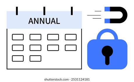Calendar labeled ANNUAL with magnet and blue lock symbols. Ideal for time management, magnetism, security, planning, and annual events. Simple vector style with blue, black, and white colours