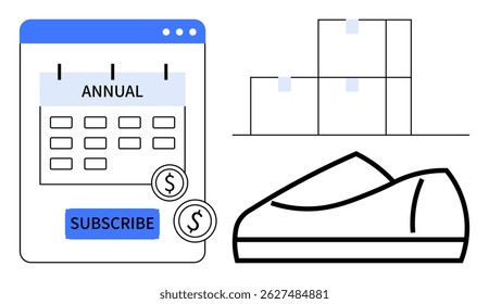 Calendar labeled ANNUAL with SUBSCRIBE button, dollar signs, shoe, and stacked boxes. Ideal for e-commerce, subscription models, online shopping, retail management, logistics, delivery services