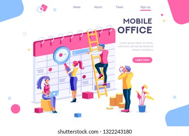 Calendar landing page interact. Data graphs, database, display statistics. Banner between white background, between empty space. 3d images isometric vector illustrations. Interacting people