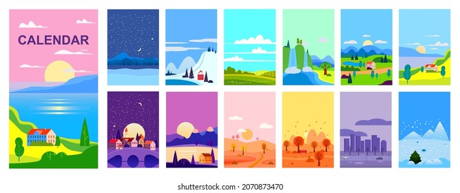 Calendar landscape natural backgrounds of four seasons. Set 12 minimalistic cartoon flat design seasons background