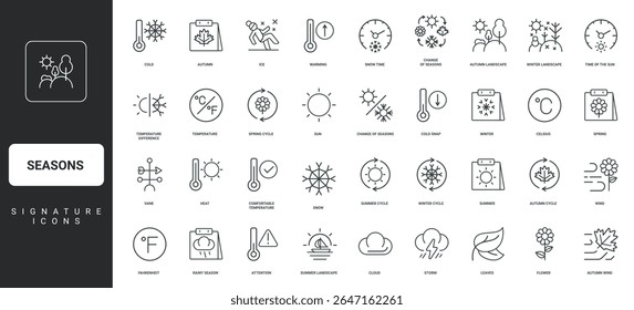 Calendar, landscape of summer and winter, spring and autumn, leaves thin black symbols vector illustration. Seasons, cycle of nature and weather, temperature, flower and snow line icon set.