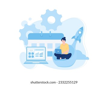 Calendar with laptop and data analyst trending concept flat illustration