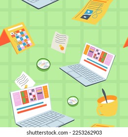 Calendar and laptop showing website with statistics, workplace and office supplies. Cup with coffee or tea, plans and charts. Seamless pattern, wallpaper or background print. Vector in flat style