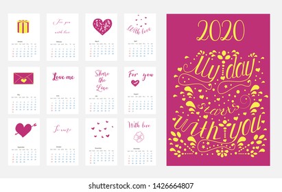 Calendar Layout for 2020 years. Calendar design with the main symbols of the love  .Simple design template,colorful vector typography set. Vertical calender.
