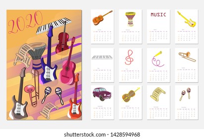 Calendar Layout for 2020 years. Calendar design with musical instruments.
Simple design template,colorful vector set. 
Vertical calender.
