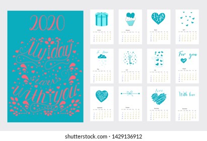 Calendar Layout for 2020 years. Calendar design with the main symbols of the love  .Simple design template,colorful vector typography set. Vertical calender.

