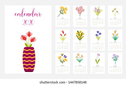 Calendar Layout for 2020 years. Calendar design with vase and various flowers.Simple design template,colorful vector typography set. Vertical shape.
