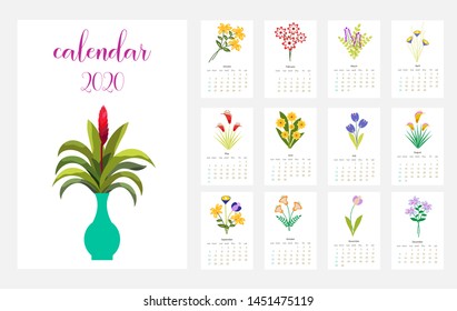 Calendar Layout for 2020 years. Calendar design with the main symbols of the love  .Simple design template,colorful vector typography set. Vertical calender.
