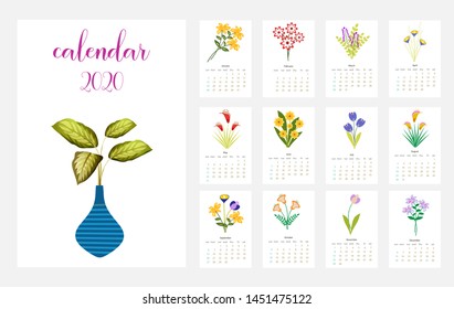 Calendar Layout for 2020 years. Calendar design with the main symbols of the love  .Simple design template,colorful vector typography set. Vertical calender.
