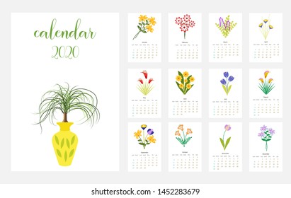 Calendar Layout for 2020 years. Calendar design with the main symbols of the love  .Simple design template,colorful vector typography set. Vertical calender.
