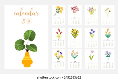 Calendar Layout for 2020 years. Calendar design with the main symbols of the love  .Simple design template,colorful vector typography set. Vertical calender.

