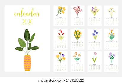 Calendar Layout for 2020 years. Calendar design with the main symbols of the love  .Simple design template,colorful vector typography set. Vertical calender.
