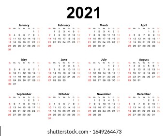 Diseño del calendario para 2021 año, la semana comienza el domingo. Calendario vector simple en inglés.