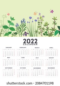 calendar Layout for 2022 years. 2022 calendar template bright decor nature scene sketch