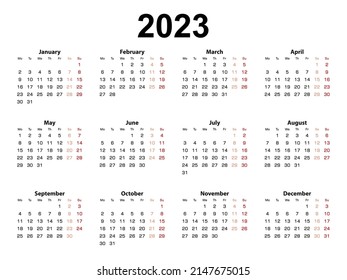 Calendar layout for 2023 year, week starts from Monday. Simple vector calendar in English language.