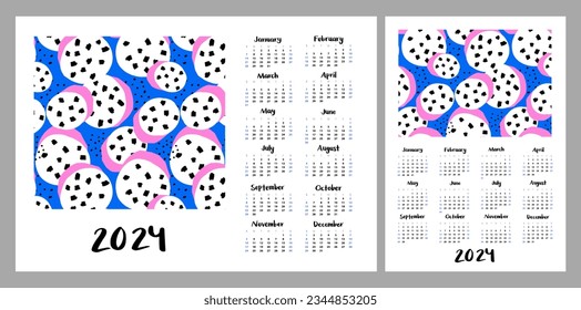 Calendar layout for 2024. Abstract illustration of exotic fruits or flowers. Vertical and horizontal layouts for A4, A5 printing