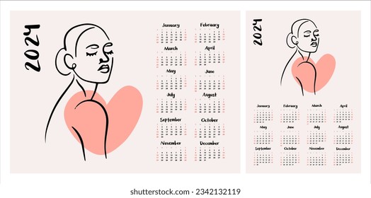 Calendar layout for 2024. Beautiful illustration of a girl in the style of line art. Vertical and horizontal layouts for A4, A5 printing