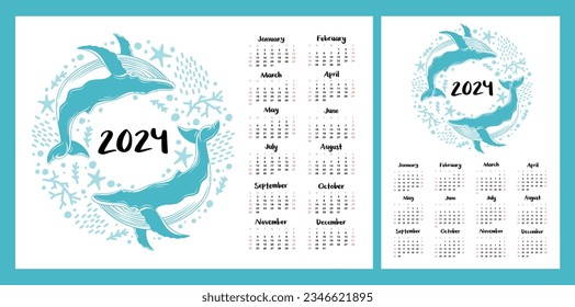 Calendar layout for 2024. Blue whales swim in the sea. Horizontal and vertical printing template