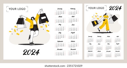 Calendar layout for 2024. happy woman with shopping and packages. A woman spends money in a store