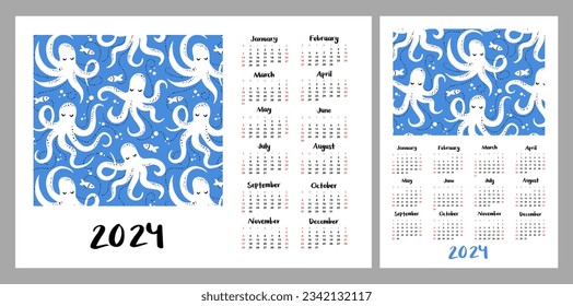 Calendar layout for 2024. Marine illustration with octopuses and fish. Vertical and horizontal layouts for A4, A5 printing