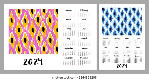 Calendar layout for 2024. Oriental pattern for fabric and carpet. Vertical and horizontal layouts for A4, A5 printing