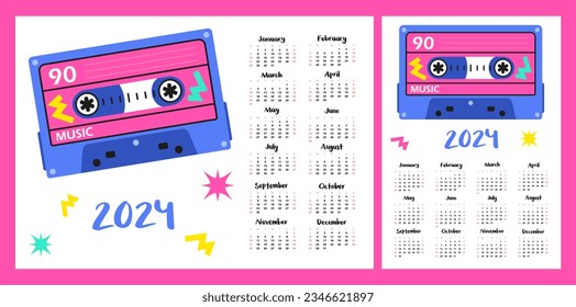 Calendar layout for 2024. The retro cassette is bright. Horizontal and vertical layout for printing. Monthly planner