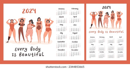 Calendar layout for 2024. A variety of beautiful girls. Women for feminism and body positivity. Template for printing